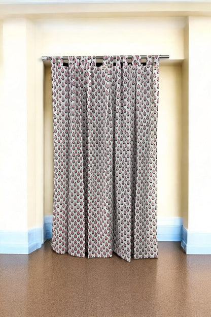 White Pink Floral Handblock Print Curtains