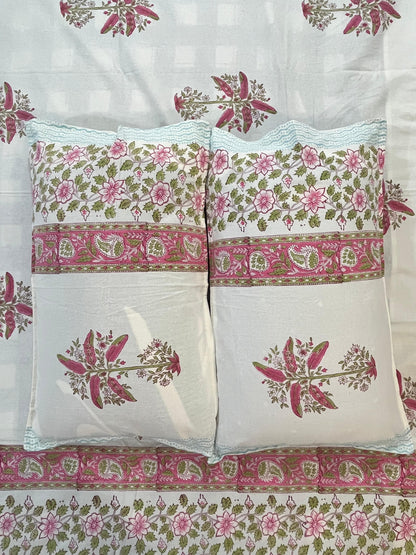 Handblock Pink Floral Printed Double Bedsheet