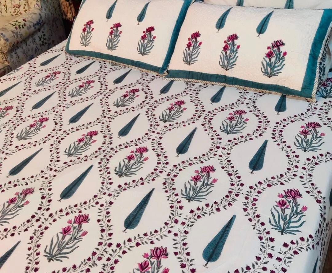 Handblock Quilted Reversible Blue Bedcover with 2 Pillow Covers
