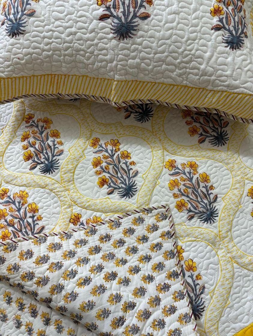 Yellow Flower Handblock Quilted Reversible Bedcover with 2 Pillow Covers – Premium Cotton, Elegant Home Décor