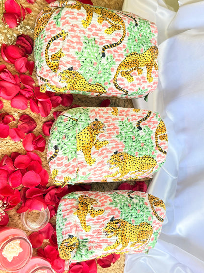 Pink Animal Print Handblock Travel Pouch Organizer Set of 3