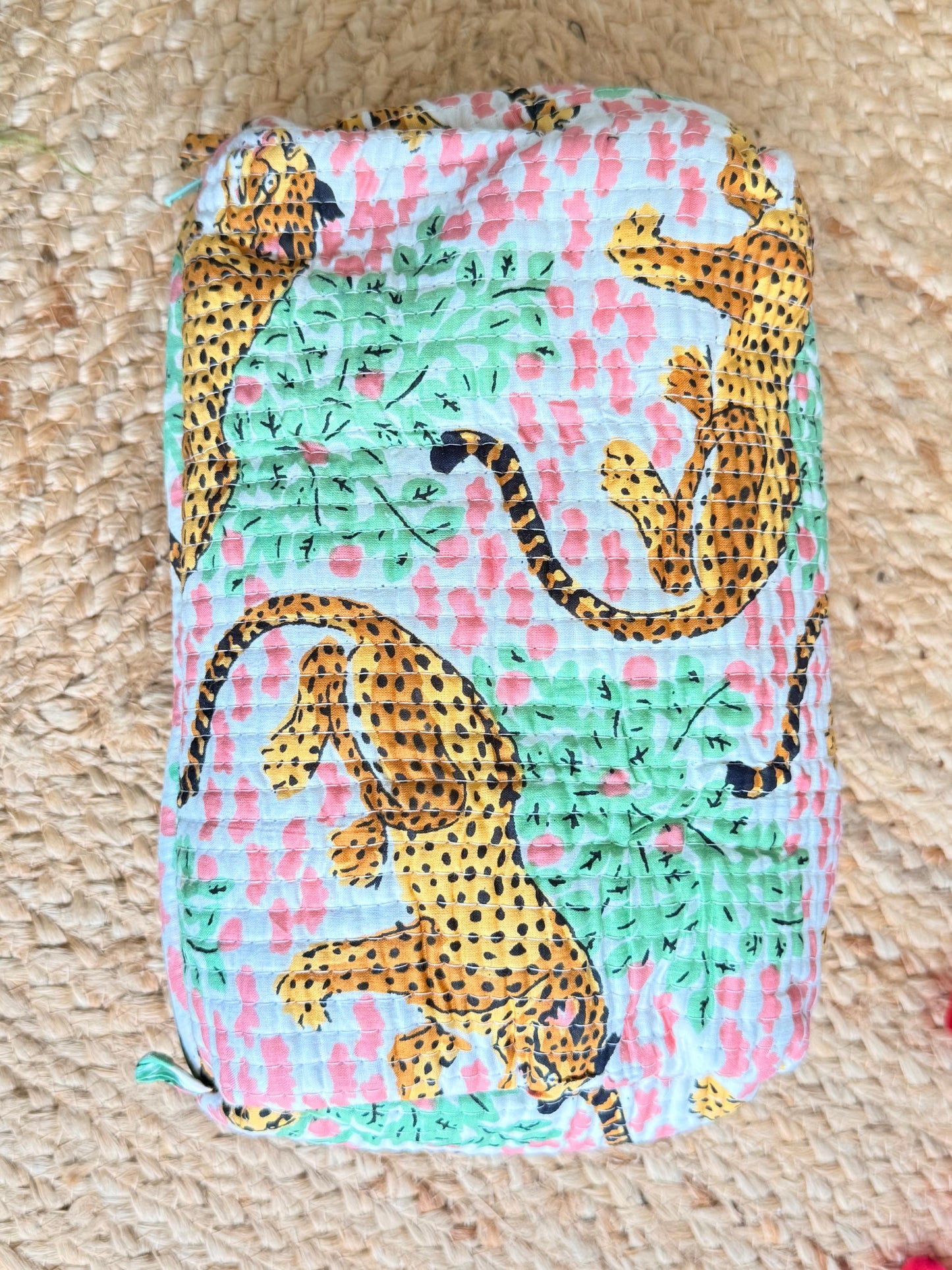 Pink Animal Print Handblock Travel Pouch Organizer Set of 3