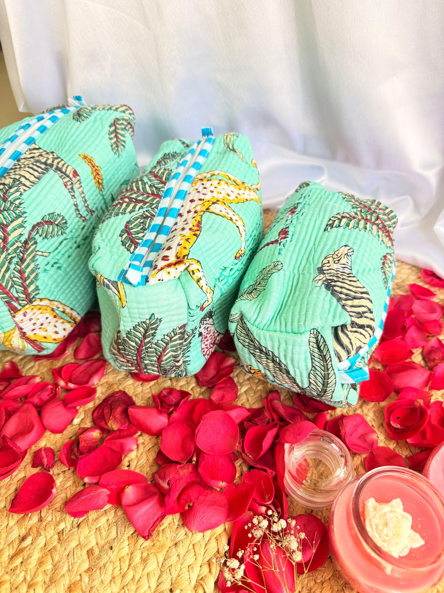Green Animal Print Handblock Travel Pouch Organizer Set of 3
