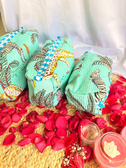 Green Animal Print Handblock Travel Pouch Organizer Set of 3