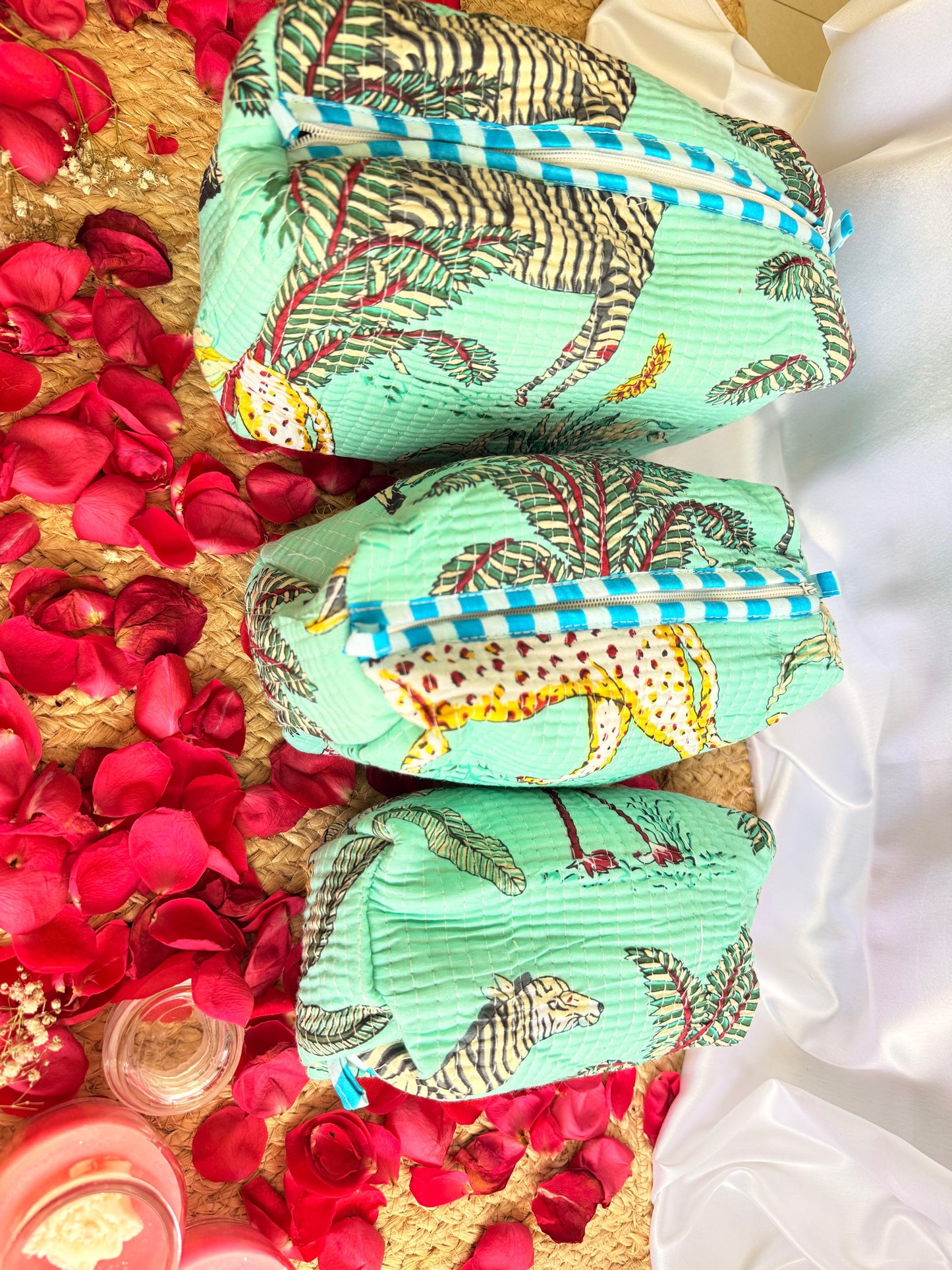 Green Animal Print Handblock Travel Pouch Organizer Set of 3
