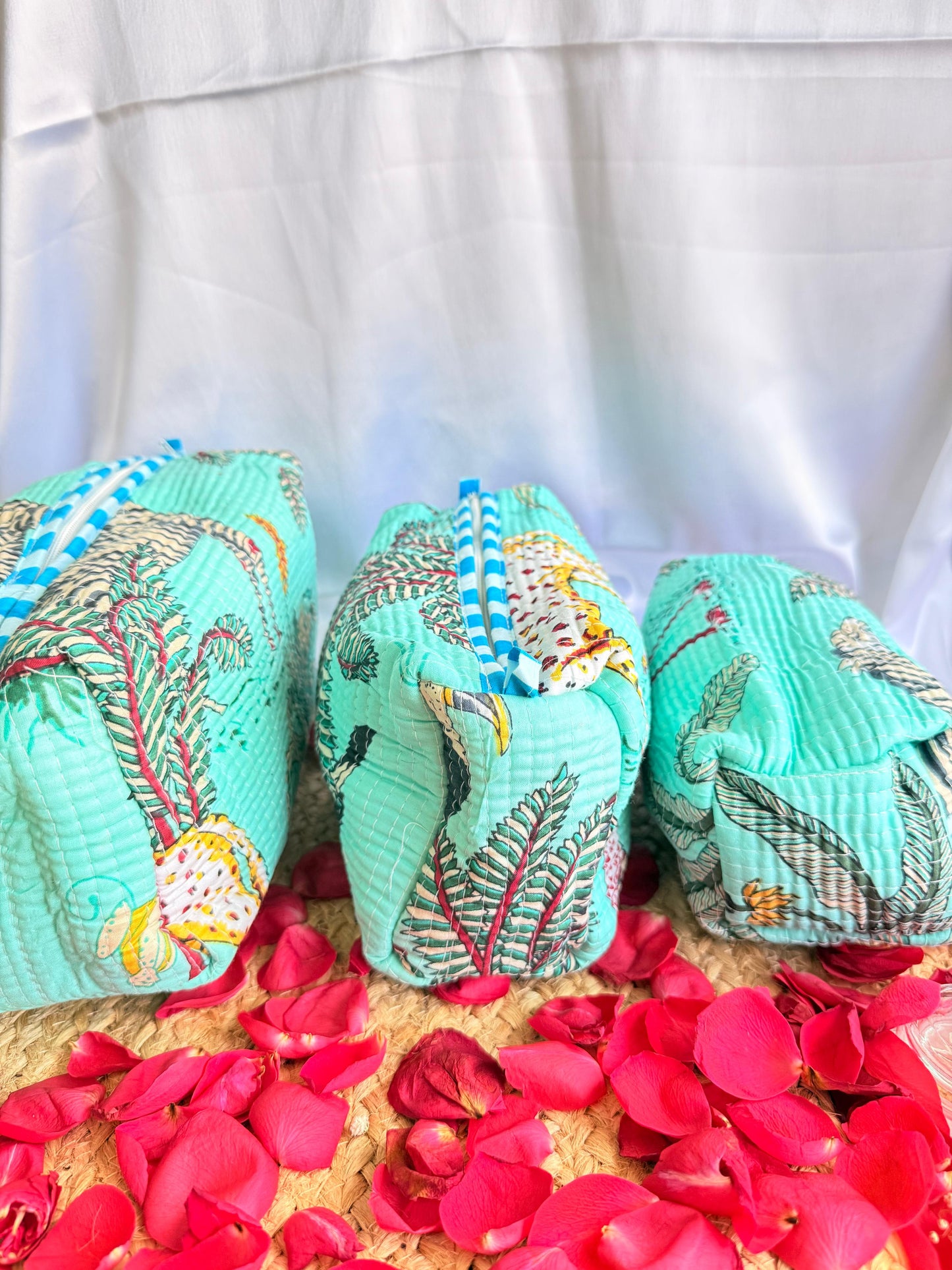Green Animal Print Handblock Travel Pouch Organizer Set of 3