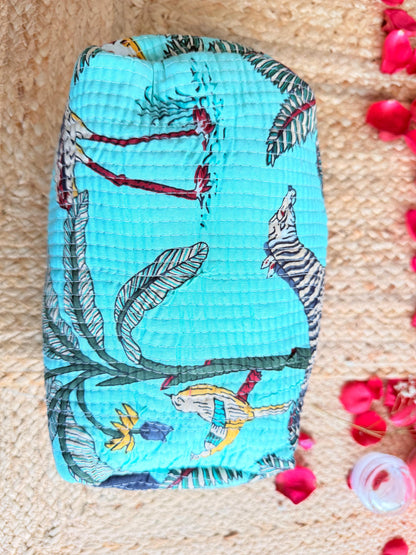 Green Animal Print Handblock Travel Pouch Organizer Set of 3