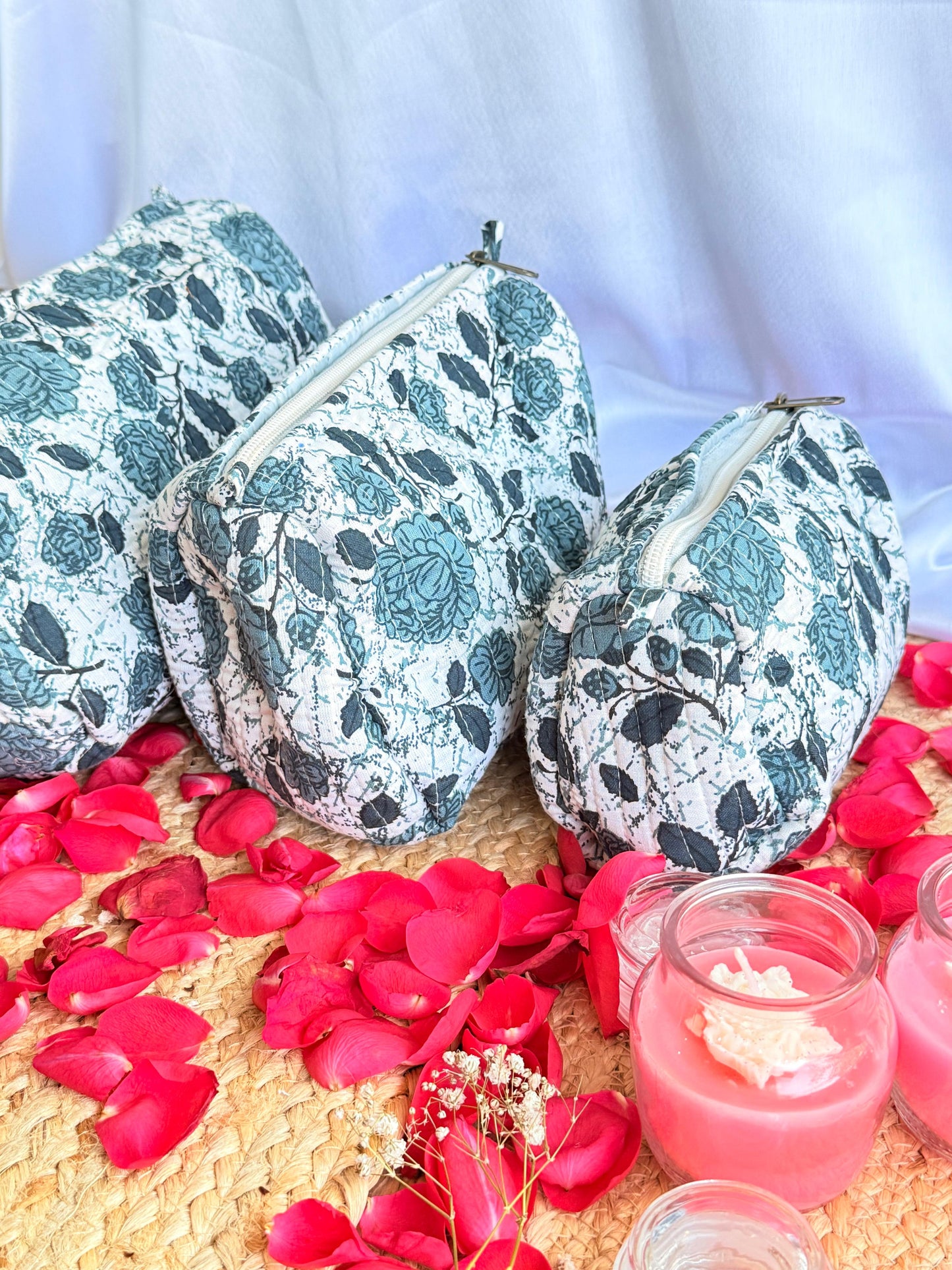 Blue Floral Handblock Travel  Pouch Organizer  Set of 3