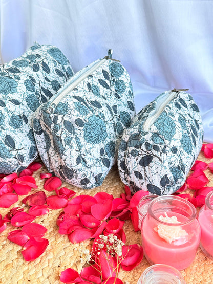 Blue Floral Handblock Travel  Pouch Organizer  Set of 3