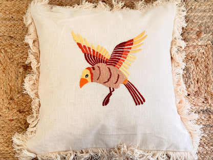 Boho Frill Bird Decorative Cushion Cover – Embroidered Throw Pillow for Cozy Home Décor