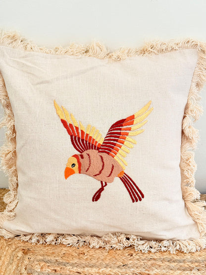 Boho Frill Bird Decorative Cushion Cover – Embroidered Throw Pillow for Cozy Home Décor