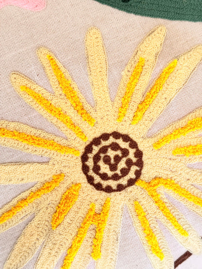 Yellow Flower Embroidery Decorative Cushion Cover – Premium Jute Throw Pillow Cover