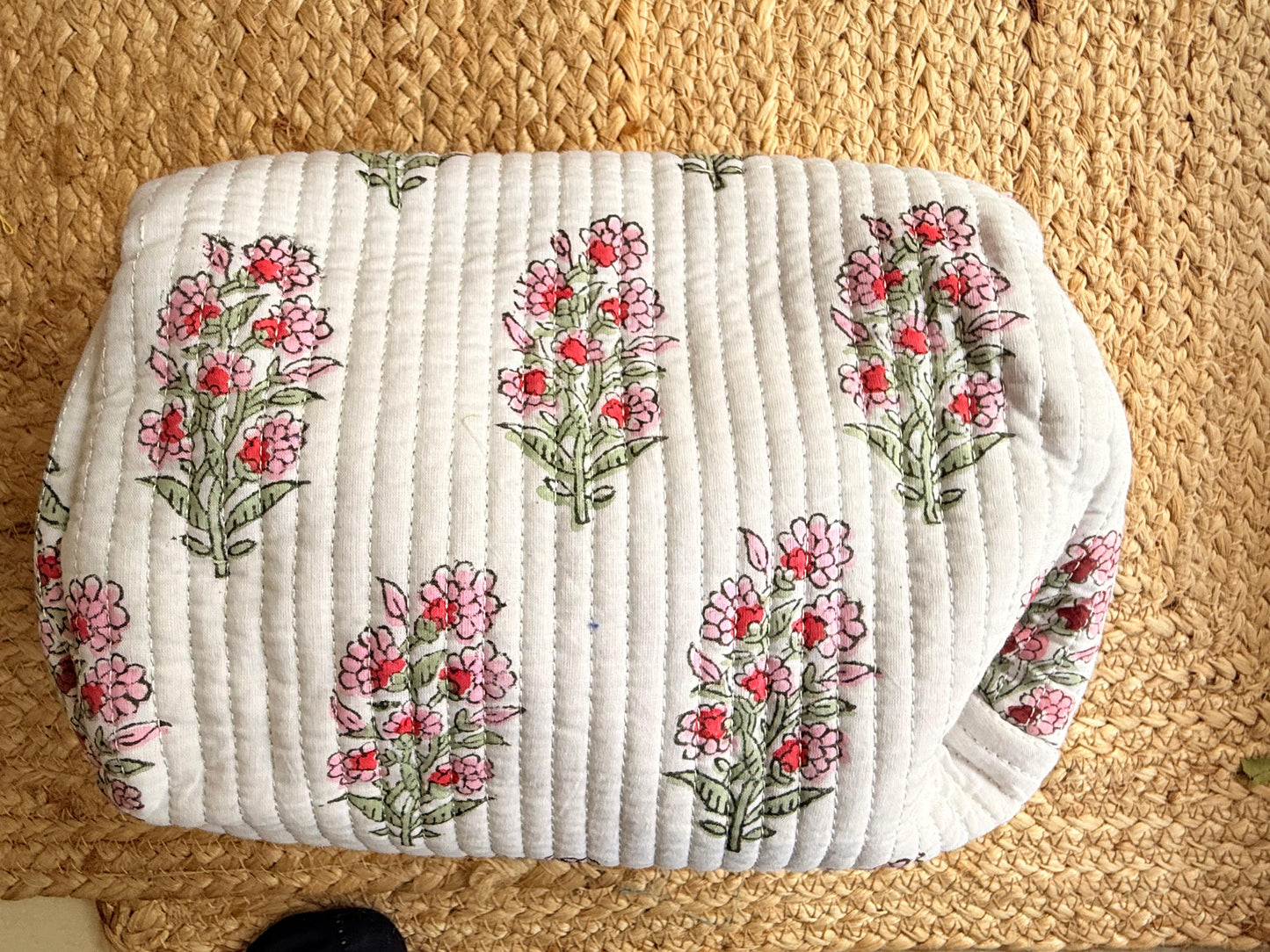 Pink and White Floral Handblock Organizer Travel Pouch Set of 3