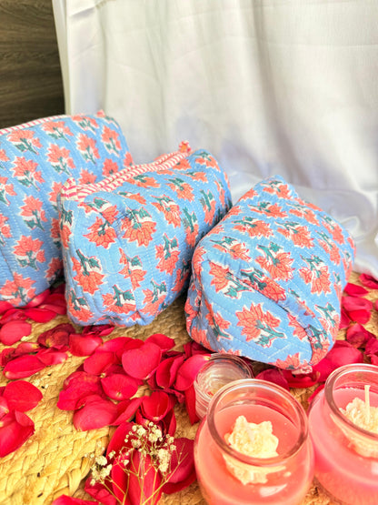 Premium Blue Red Floral Handblock Travel  Pouch Organizer  Set of 3