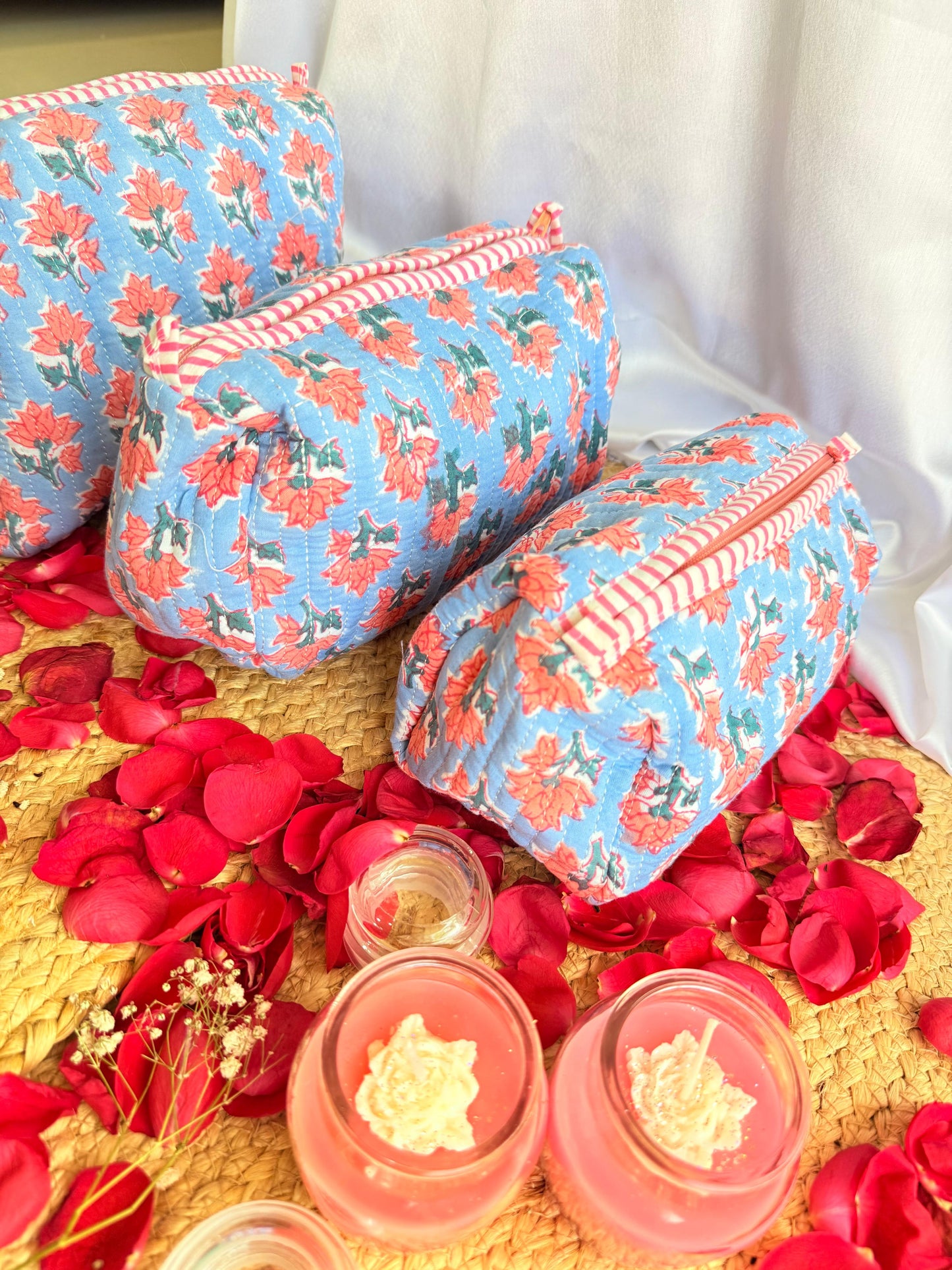 Premium Blue Red Floral Handblock Travel  Pouch Organizer  Set of 3