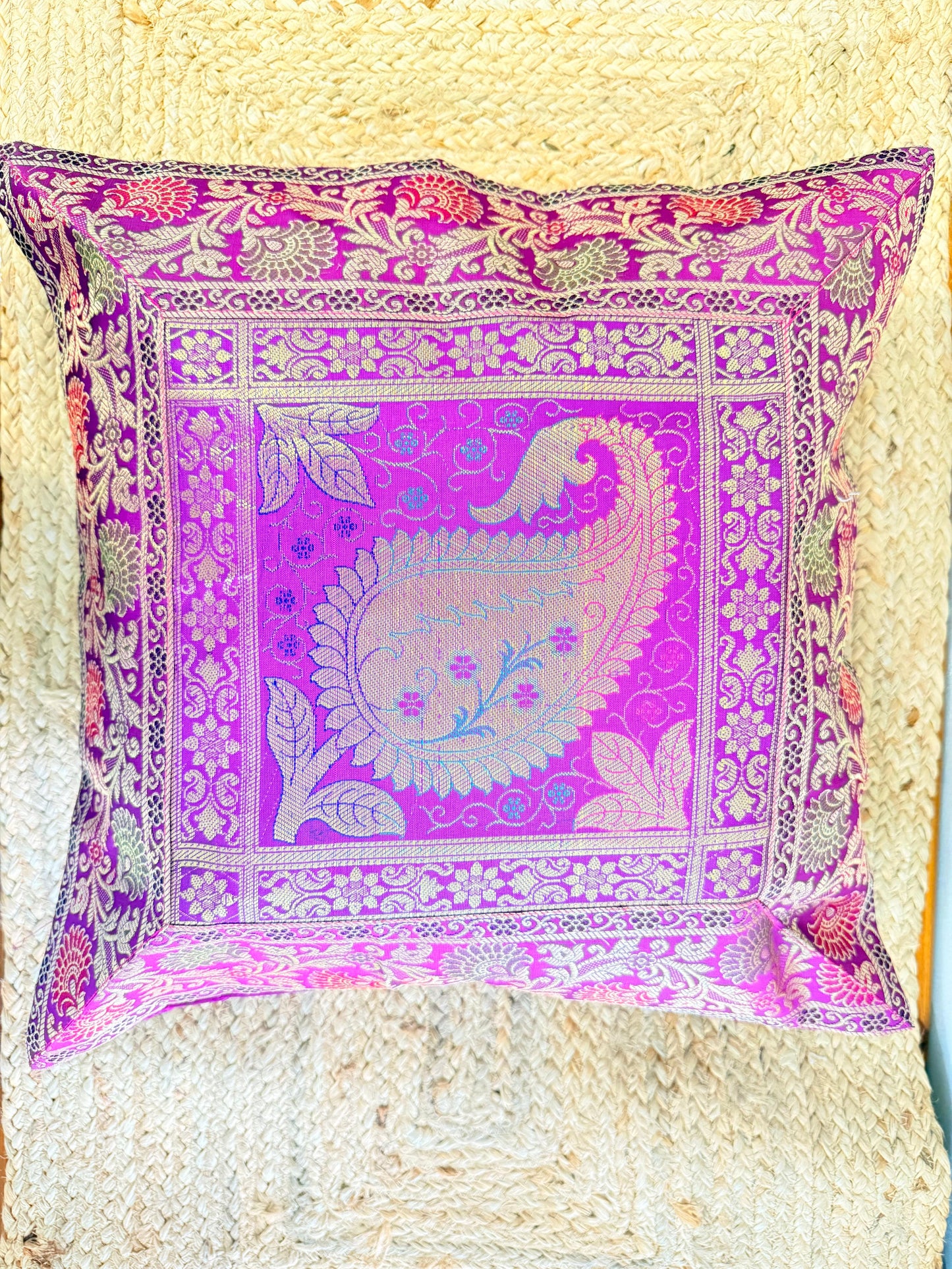 Purple Leaf Embroidery Banarasi Silk Cushion Cover – Luxurious Decorative Throw Pillow for Elegant Home Décor