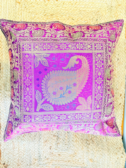Purple Leaf Embroidery Banarasi Silk Cushion Cover – Luxurious Decorative Throw Pillow for Elegant Home Décor