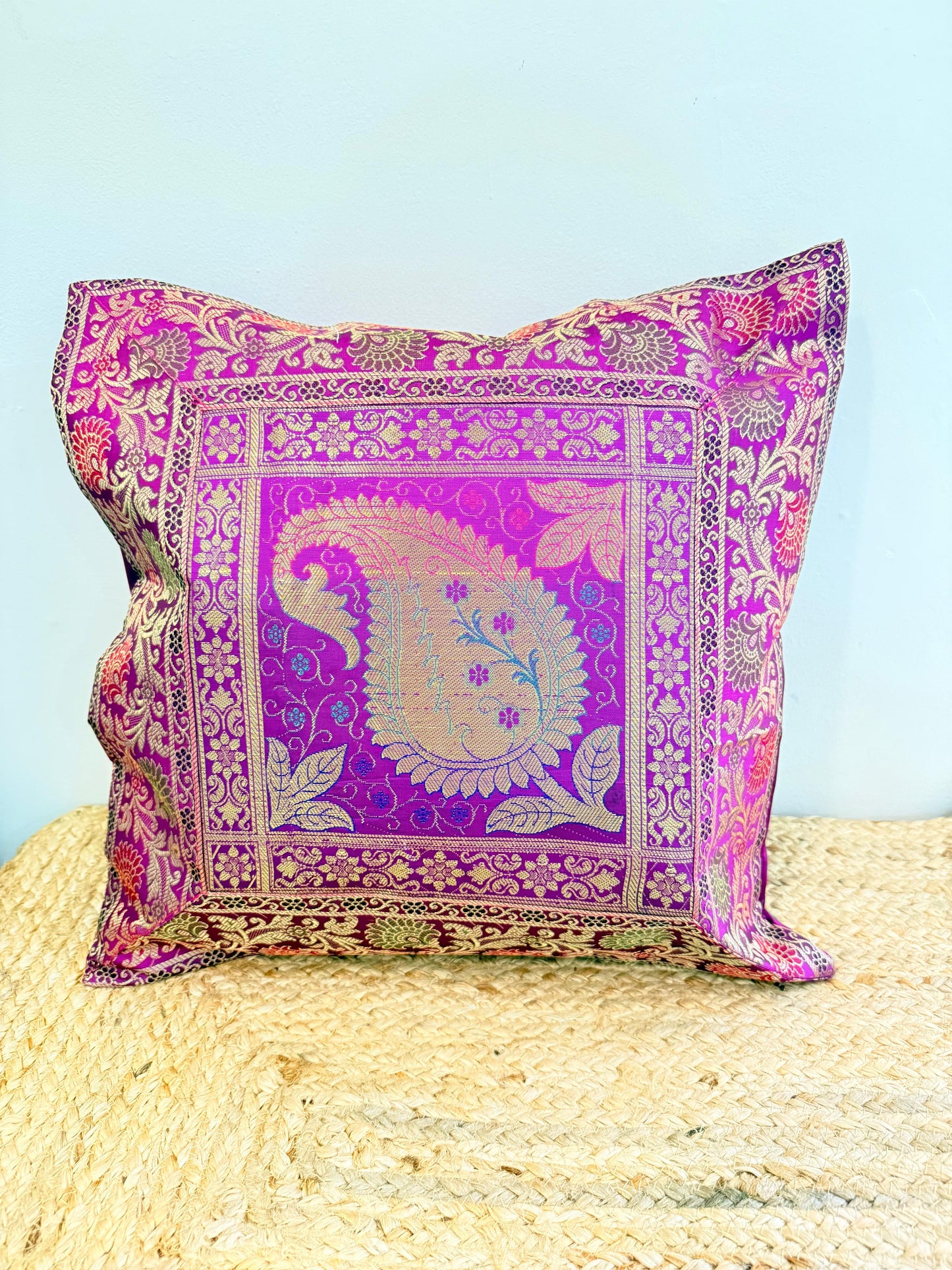 Purple Leaf Embroidery Banarasi Silk Cushion Cover – Luxurious Decorative Throw Pillow for Elegant Home Décor