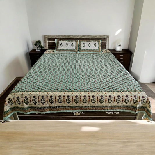 Green Floral Double Bedsheet with 2 Pillow Cover