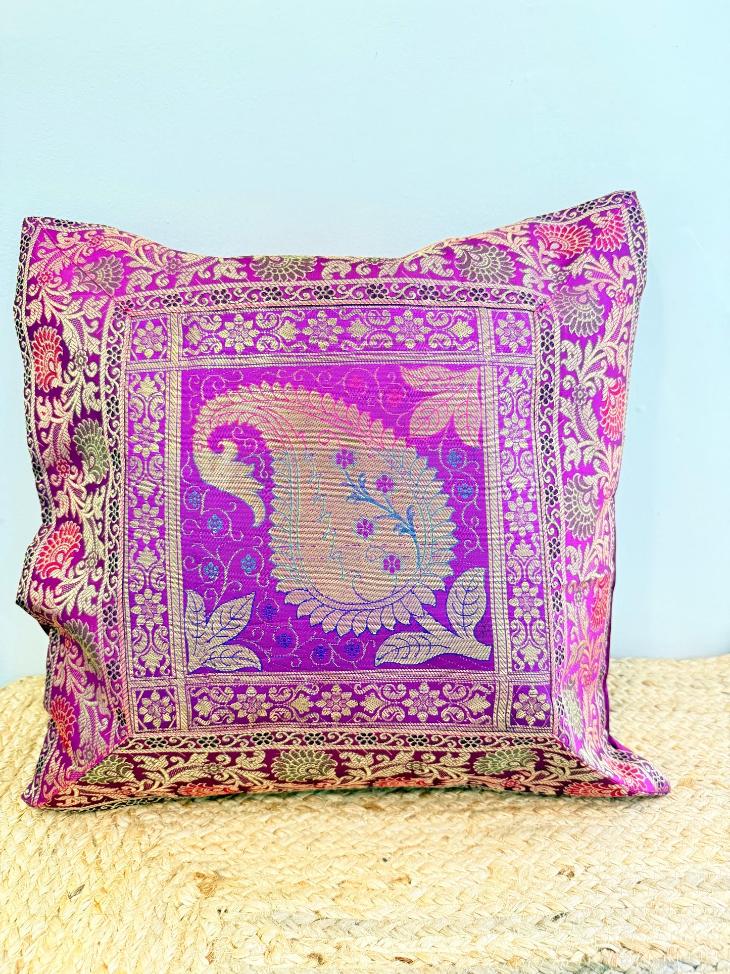 Purple Leaf Embroidery Banarasi Silk Cushion Cover – Luxurious Decorative Throw Pillow for Elegant Home Décor
