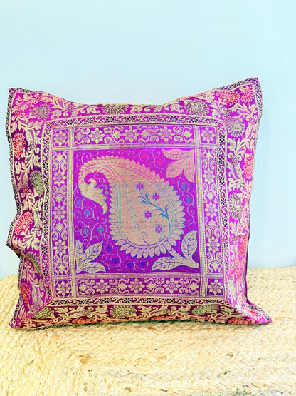 Purple Leaf Embroidery Banarasi Silk Cushion Cover – Luxurious Decorative Throw Pillow for Elegant Home Décor