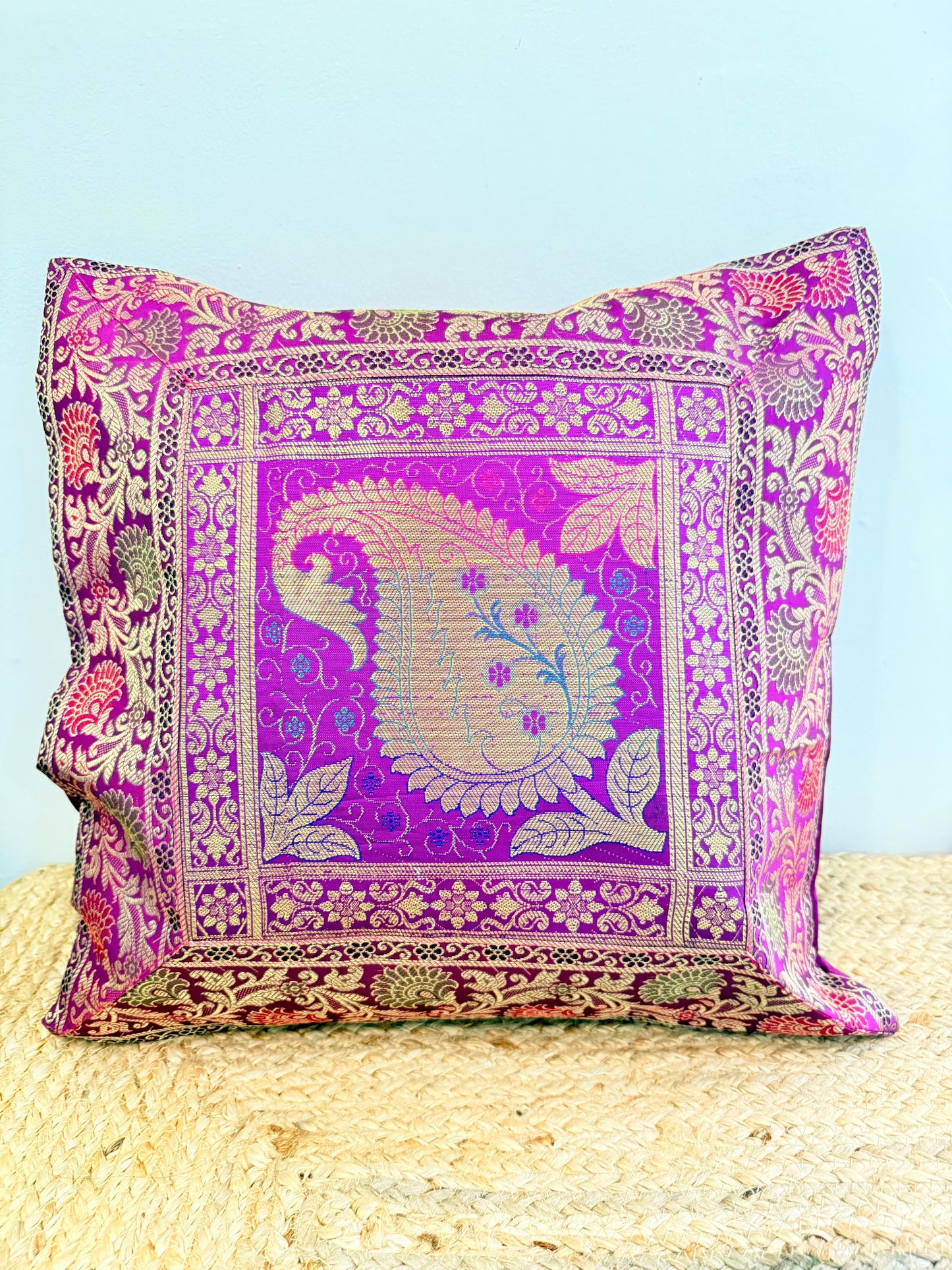 Purple Leaf Embroidery Banarasi Silk Cushion Cover – Luxurious Decorative Throw Pillow for Elegant Home Décor