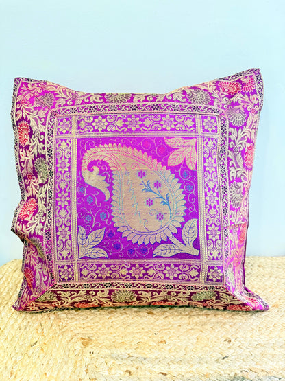 Purple Leaf Embroidery Banarasi Silk Cushion Cover – Luxurious Decorative Throw Pillow for Elegant Home Décor