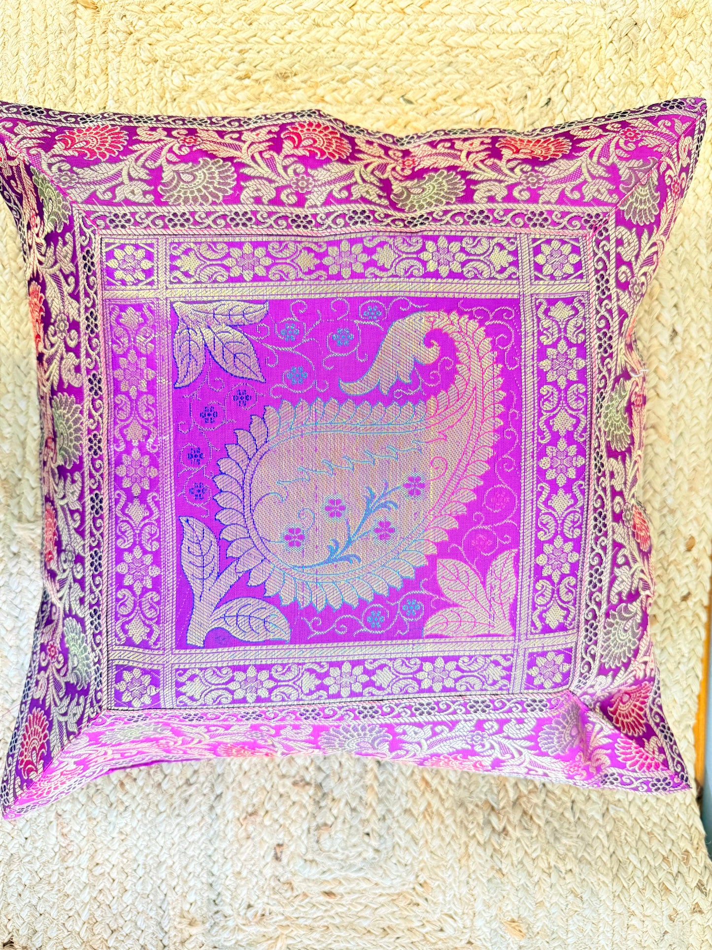 Purple Leaf Embroidery Banarasi Silk Cushion Cover – Luxurious Decorative Throw Pillow for Elegant Home Décor