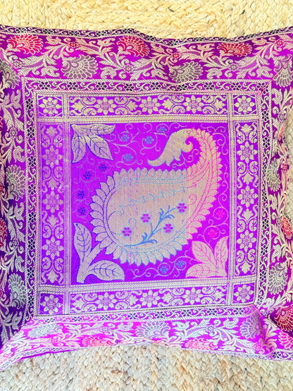 Purple Leaf Embroidery Banarasi Silk Cushion Cover – Luxurious Decorative Throw Pillow for Elegant Home Décor