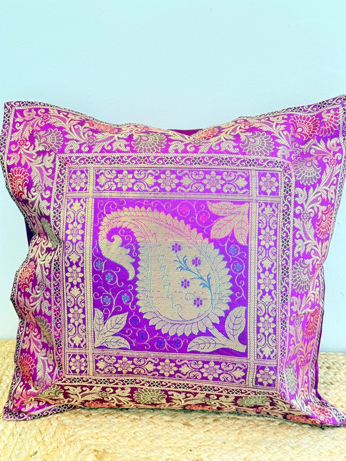 Purple Leaf Embroidery Banarasi Silk Cushion Cover – Luxurious Decorative Throw Pillow for Elegant Home Décor