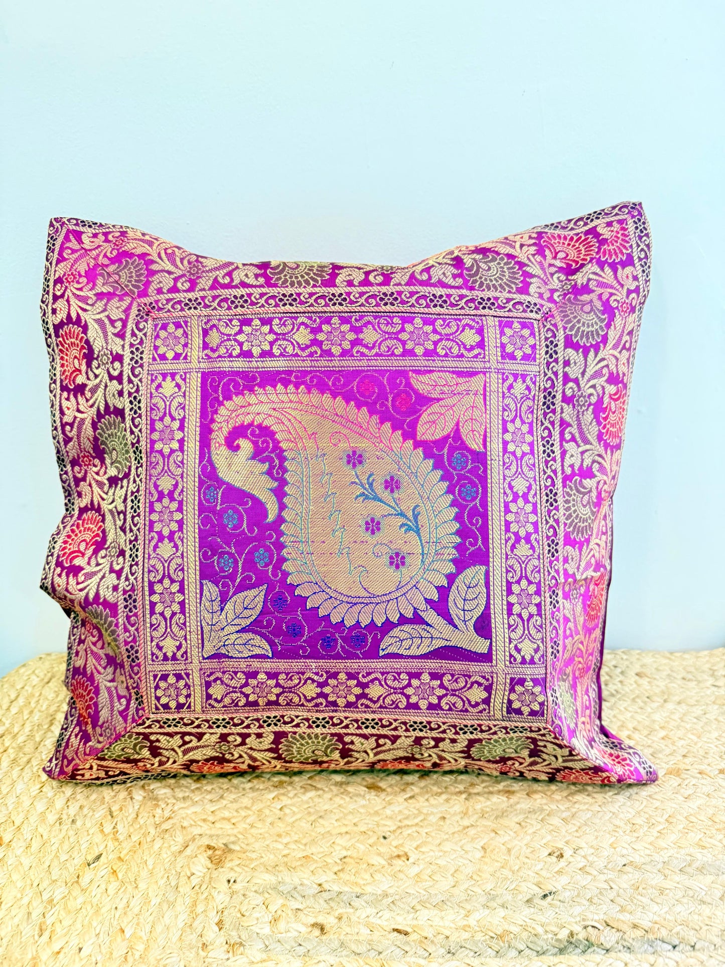 Purple Leaf Embroidery Banarasi Silk Cushion Cover – Luxurious Decorative Throw Pillow for Elegant Home Décor
