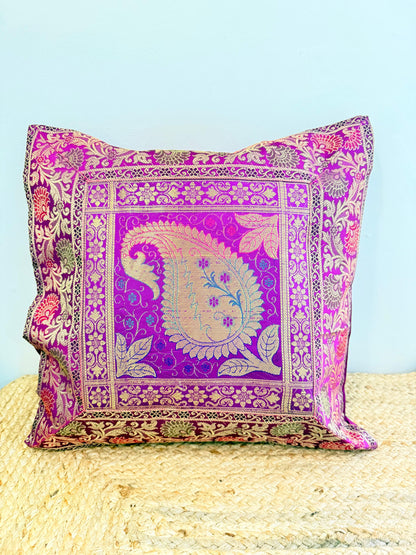 Purple Leaf Embroidery Banarasi Silk Cushion Cover – Luxurious Decorative Throw Pillow for Elegant Home Décor