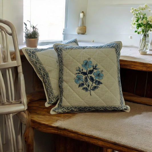 White Blue Flower Quilted Jute Cushion Cover SET OF 2
