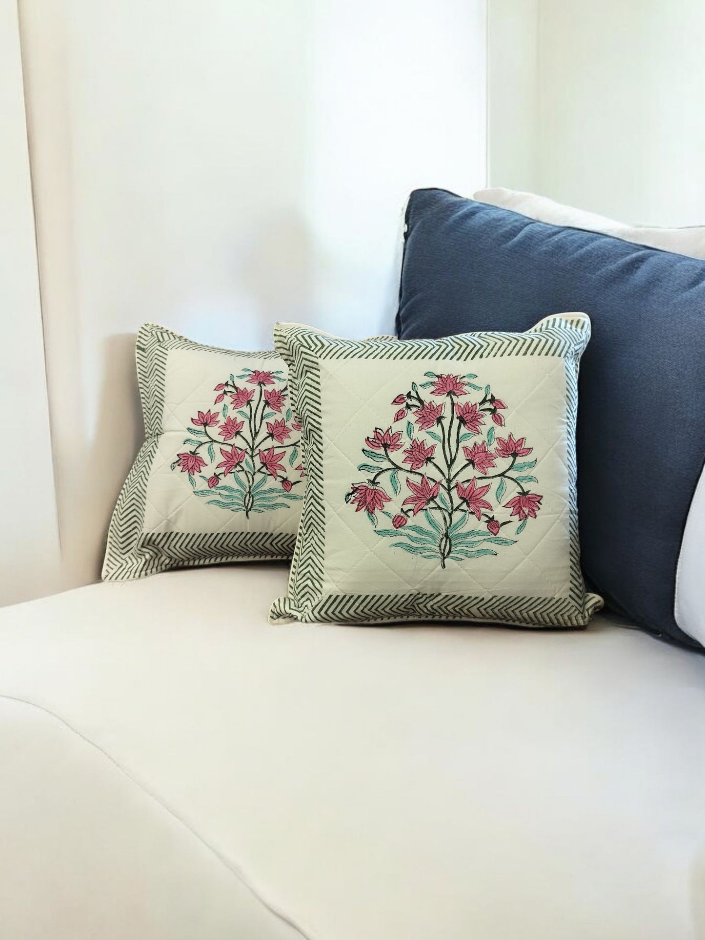 White Green Floral Quilted Handblock Printed Cushion Cover