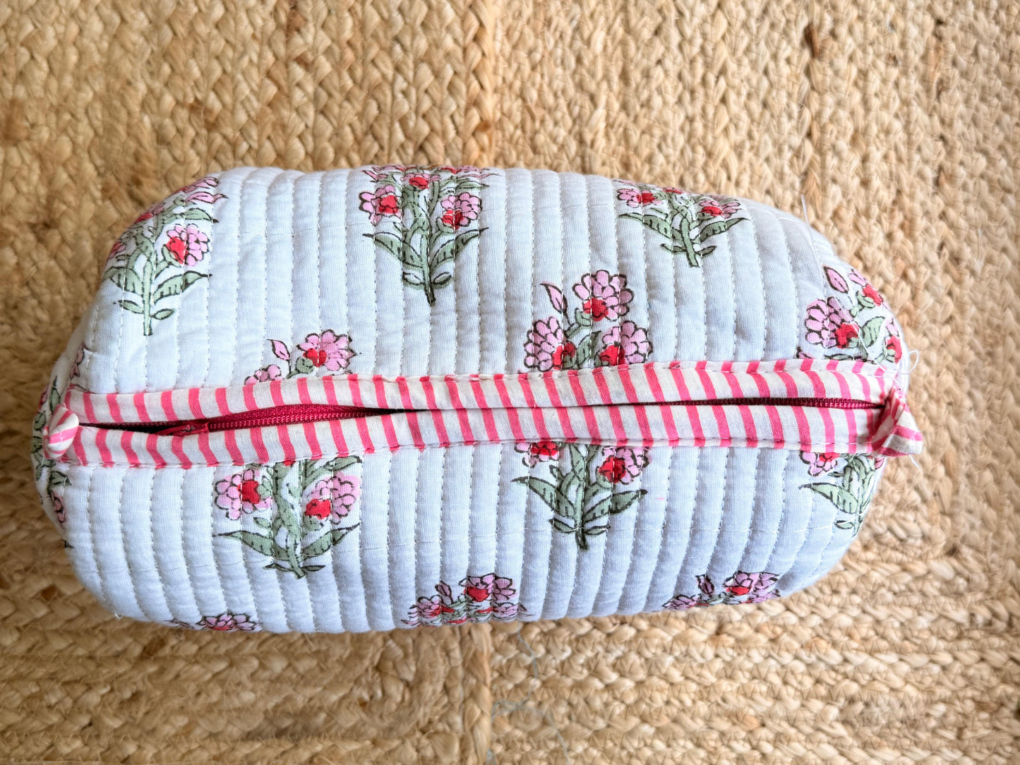 Pink and White Floral Handblock Organizer Travel Pouch Set of 3