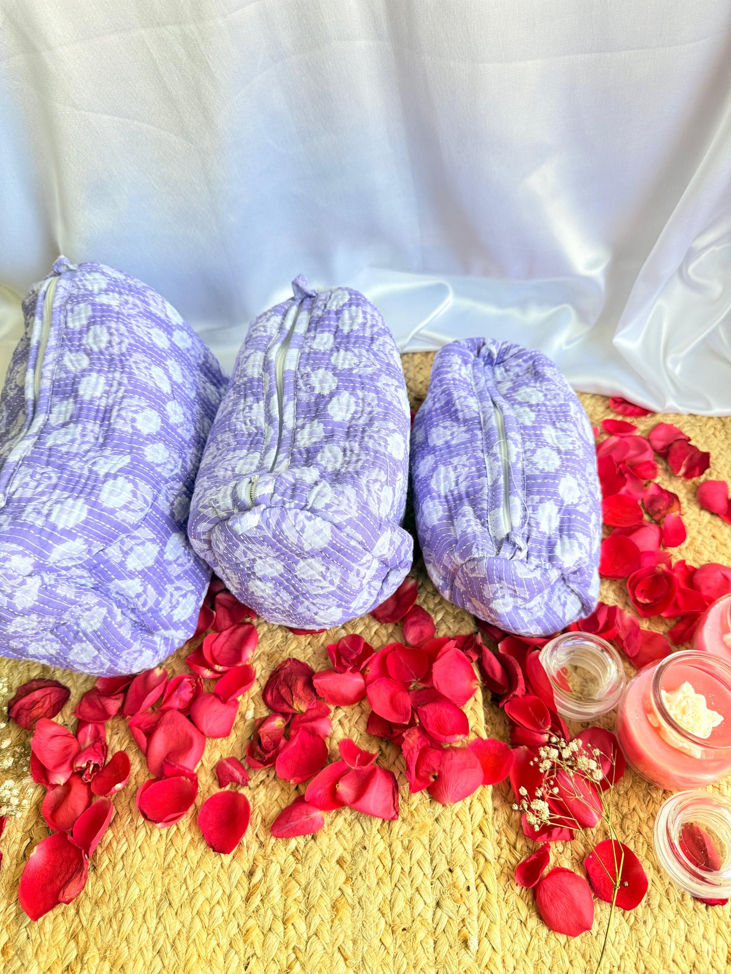 Purple and White Floral  Handblock Travel  Pouch Organizer  Set of 3