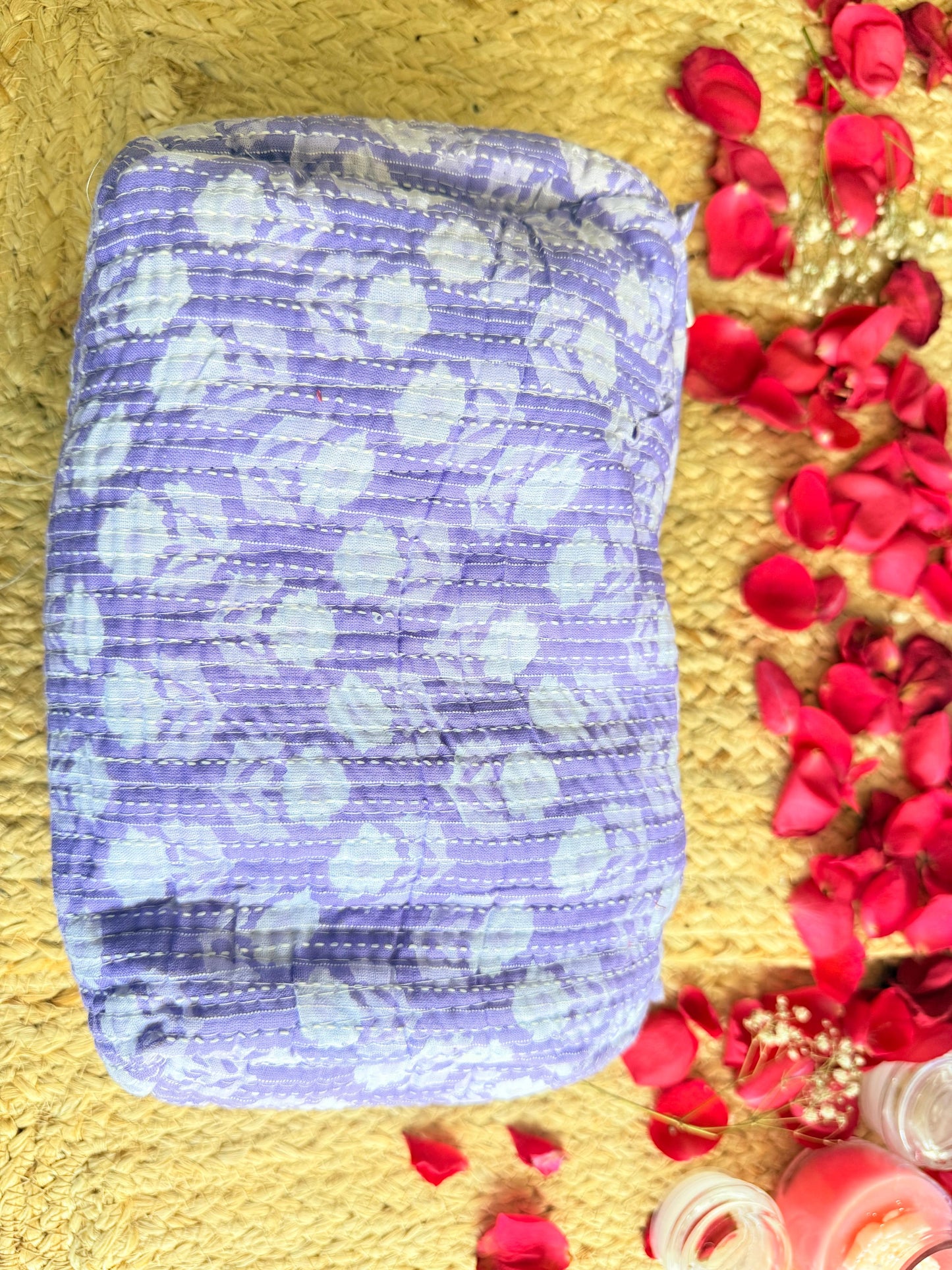 Purple and White Floral  Handblock Travel  Pouch Organizer  Set of 3