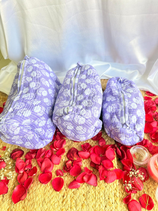 Purple and White Floral  Handblock Travel  Pouch Organizer  Set of 3