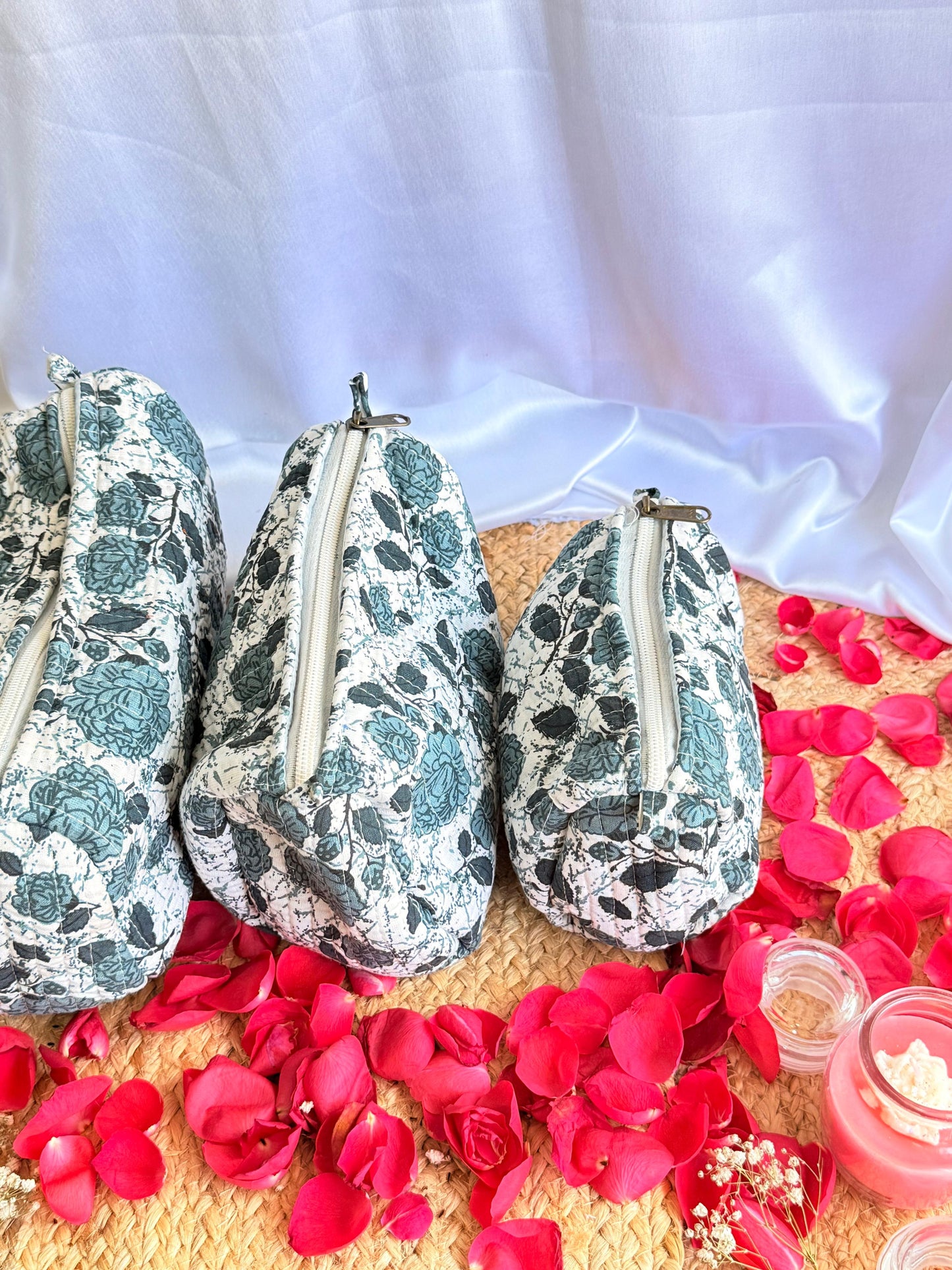 Blue Floral Handblock Travel  Pouch Organizer  Set of 3