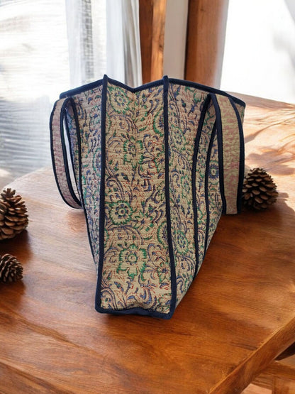 BLOCK N STYLE Blue Floral Cotton Printed Tote Bag – Quilted Handblock Women’s Shoulder and Shopping Bag