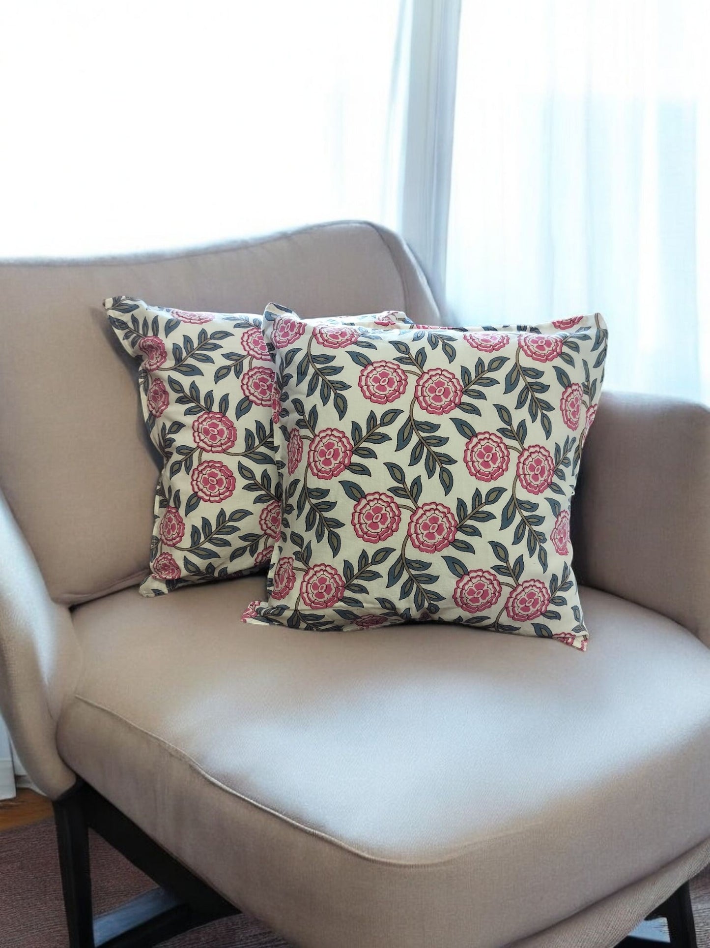 Green Pink Floral Quilted  Print Cushion Cover Set of 2