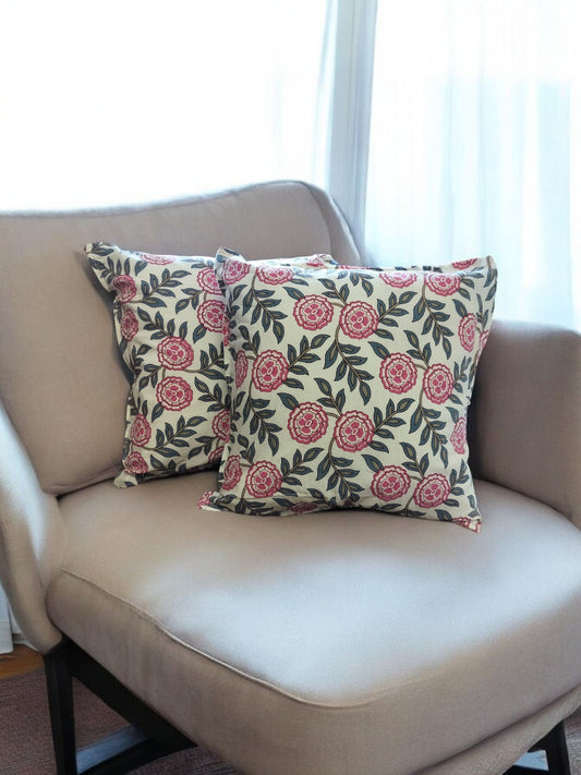 Green Pink Floral Quilted  Print Cushion Cover Set of 2