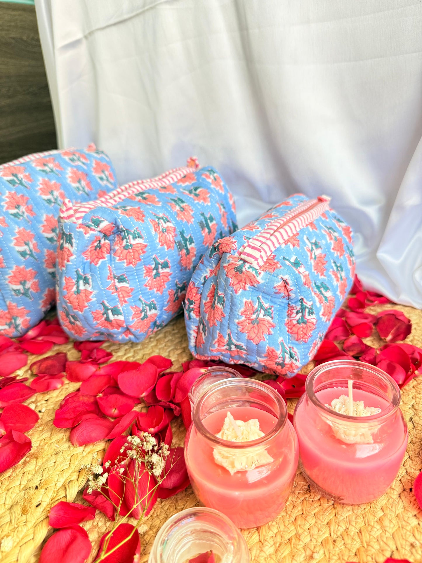 Premium Blue Red Floral Handblock Travel  Pouch Organizer  Set of 3