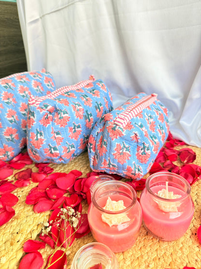 Premium Blue Red Floral Handblock Travel  Pouch Organizer  Set of 3