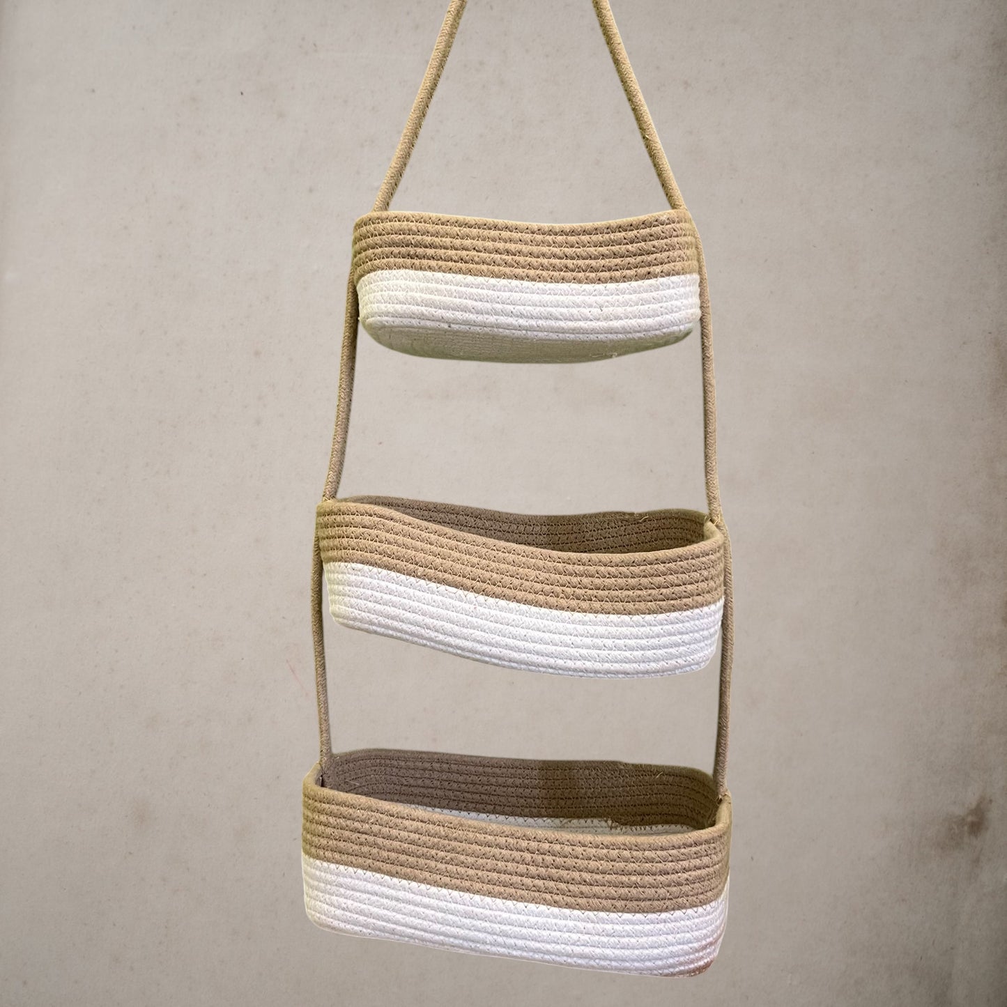 3-Tier Jute Wall Hanging Storage Basket organizer - Beige White