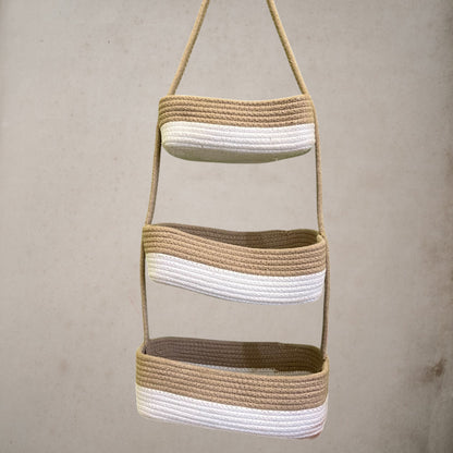 3-Tier Jute Wall Hanging Storage Basket organizer - Beige White