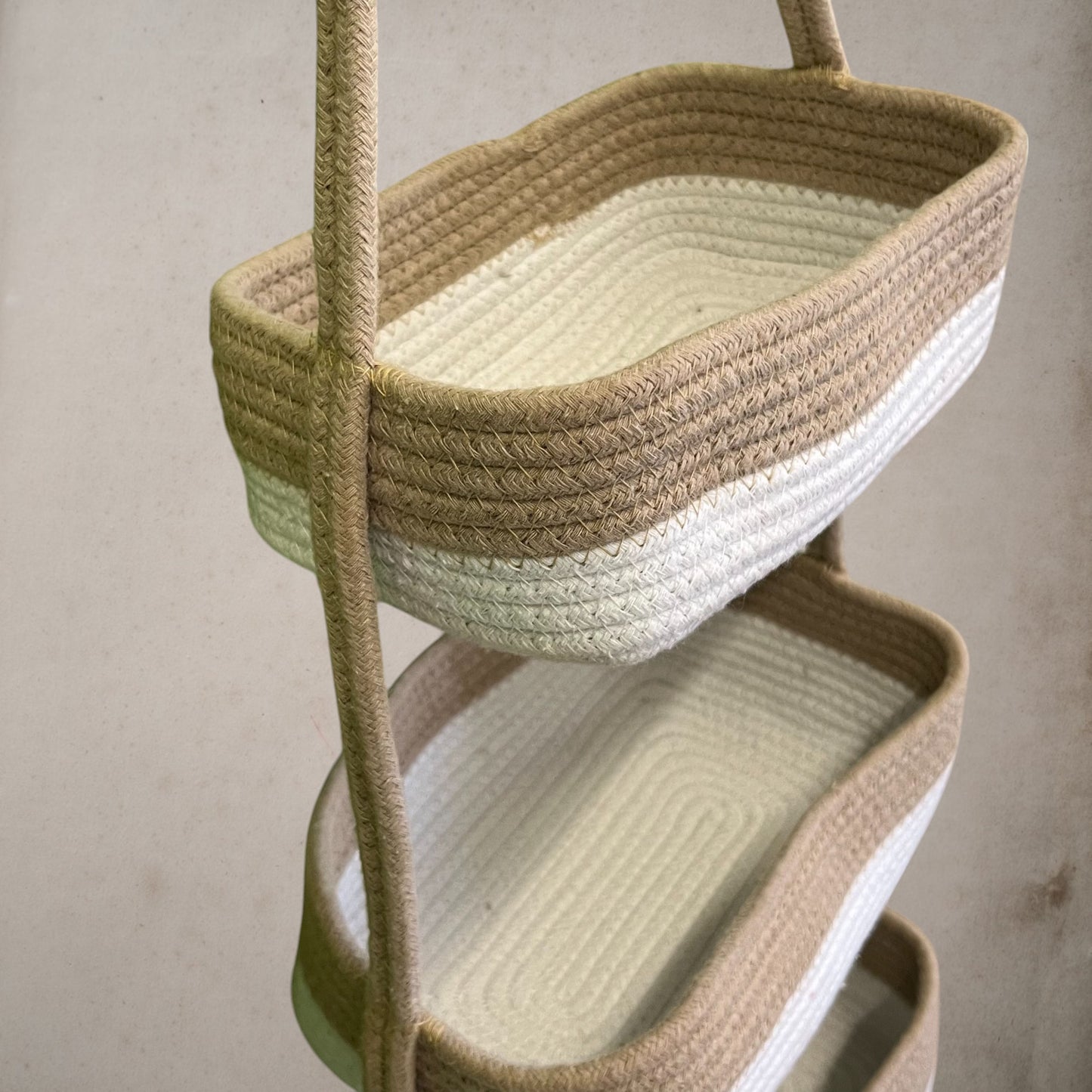 3-Tier Jute Wall Hanging Storage Basket organizer - Beige White