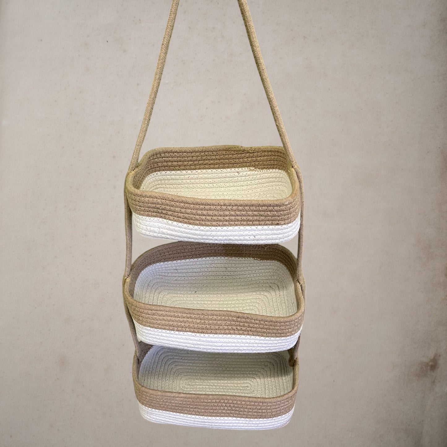 3-Tier Jute Wall Hanging Storage Basket organizer - Beige White