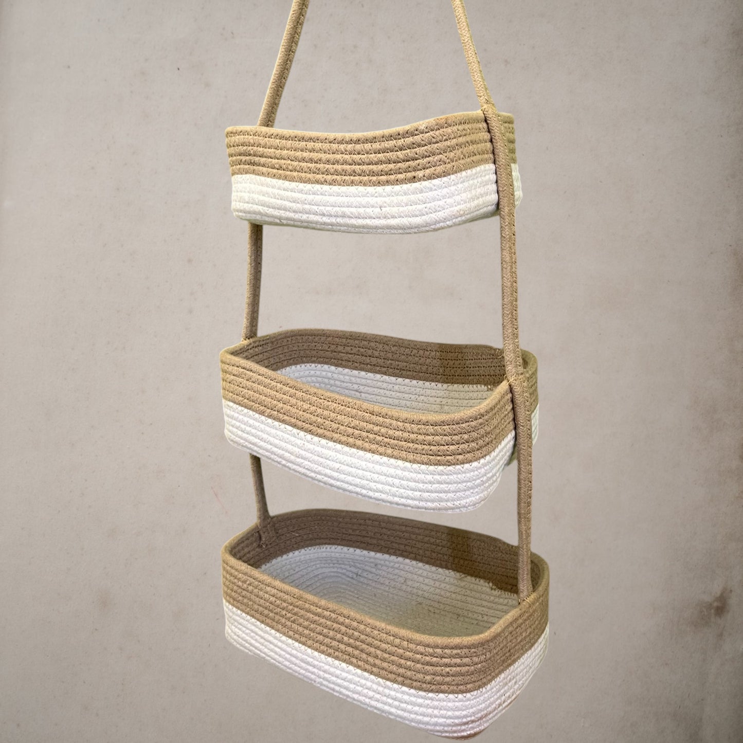 3-Tier Jute Wall Hanging Storage Basket organizer - Beige White