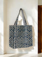 BLOCK N STYLE White Blue Floral Cotton Printed Tote Bag – Quilted Handblock Women’s Shoulder and Shopping Bag